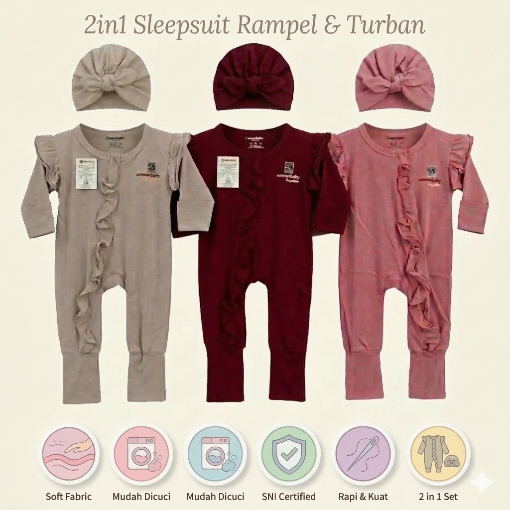 Sleepsuit Bayi Perempuan Rampel + Turban 2in1 | Baju Bayi Newborn 0-12 Bulan Premium