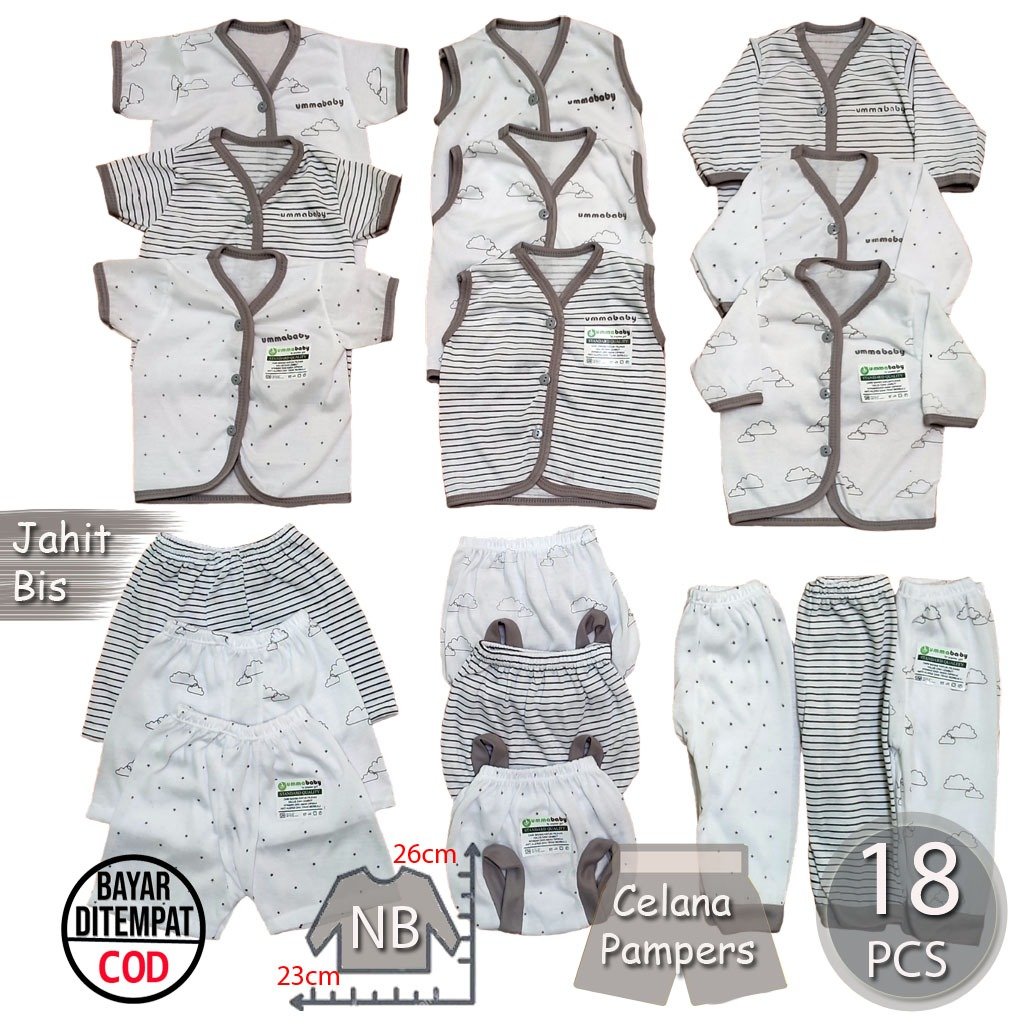 Ummababyshop 18 PCS Paket Baju Bayi New Born 0-3 Bulan | Awan Abu