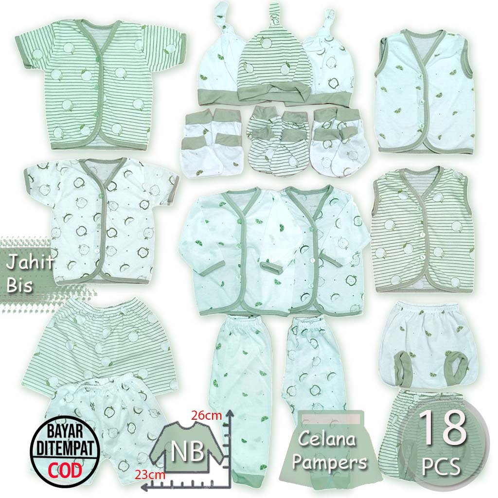 Ummababyshop 18 Pcs Perlengkapan Baju Bayi Newborn | Hijau Sage Putih