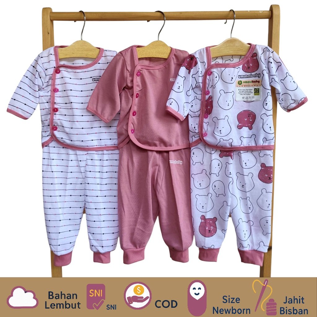 3 Set/6 Pcs Baju Bayi Newborn Set Lengan Panjang Kancing Pinggir Samping Perlengkapan Baru Lahir Beruang Pink