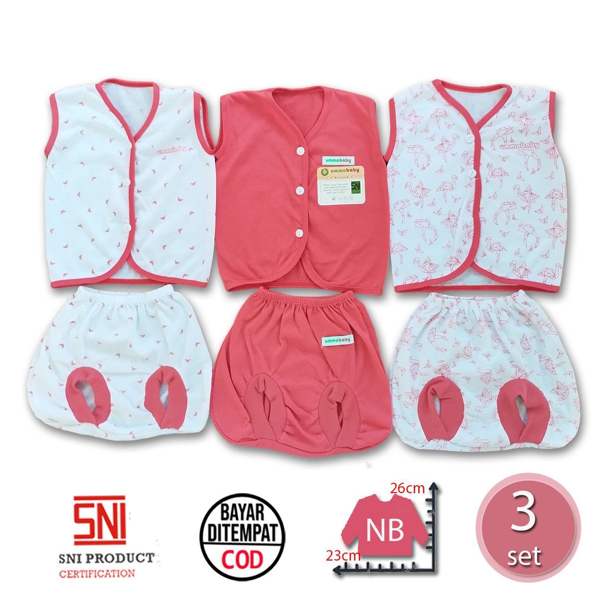 6 Pcs / 3 Set Baju Bayi Kutung Celana Bayi Setelan Newborn Baru Lahir Atasan Origami Pink