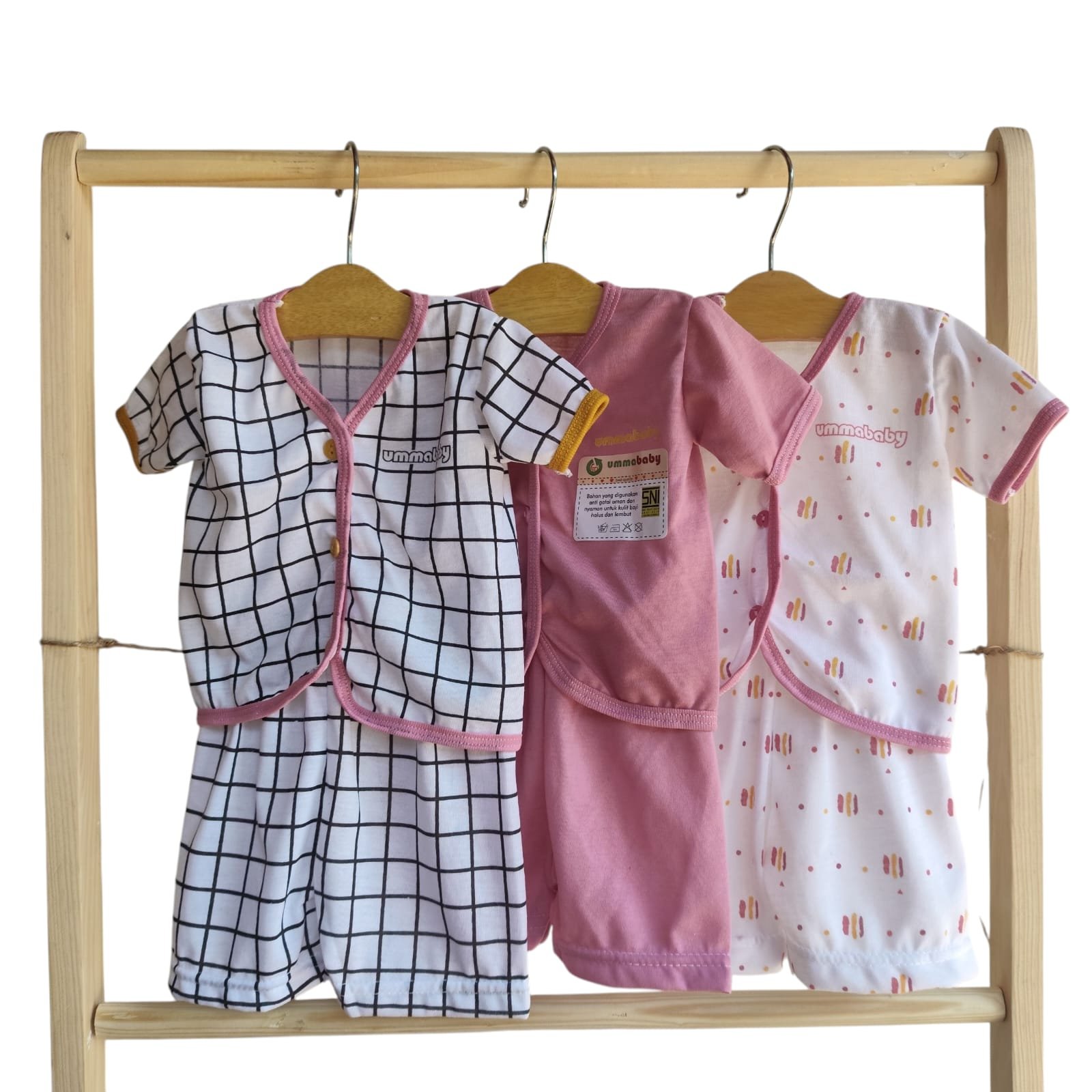 6 Pcs / 3 Set Baju Bayi Pendek Celana Bayi Setelan Newborn Baru Lahir Motif kotak pink