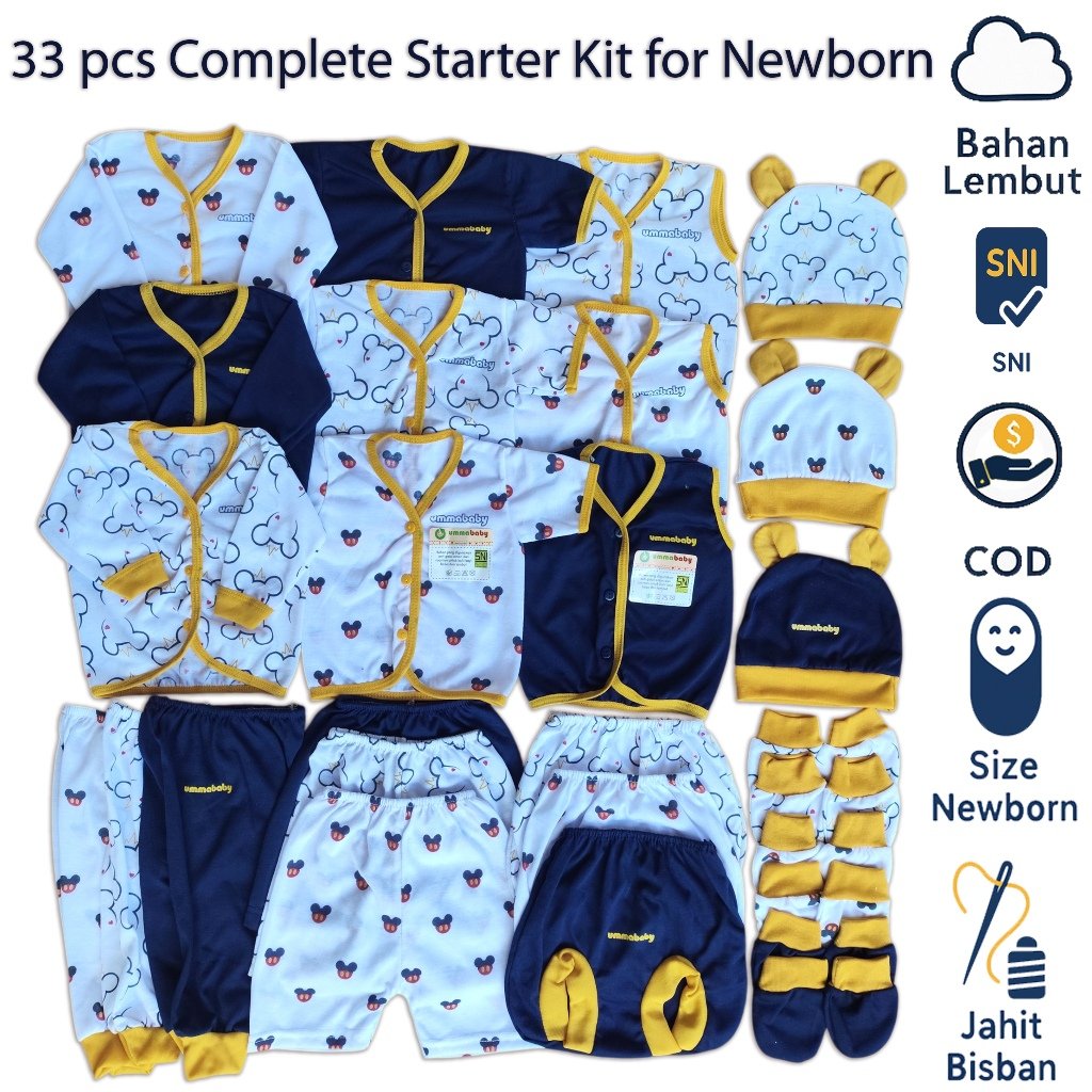 Set Baju Bayi Newborn 33 PCS Mickey Navy | Kado Bayi Unisex UmmaBaby 33 mickey navy