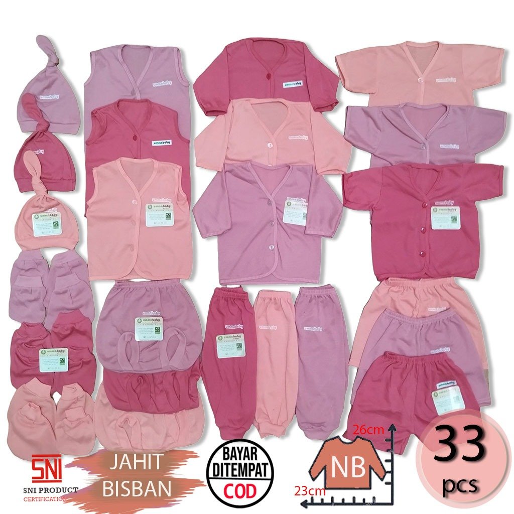 Ummababyshop Set Baju Bayi Newborn 33 PCS | Perlengkapan Bayi Baru Lahir 0–6 Bulan | Polos Pink