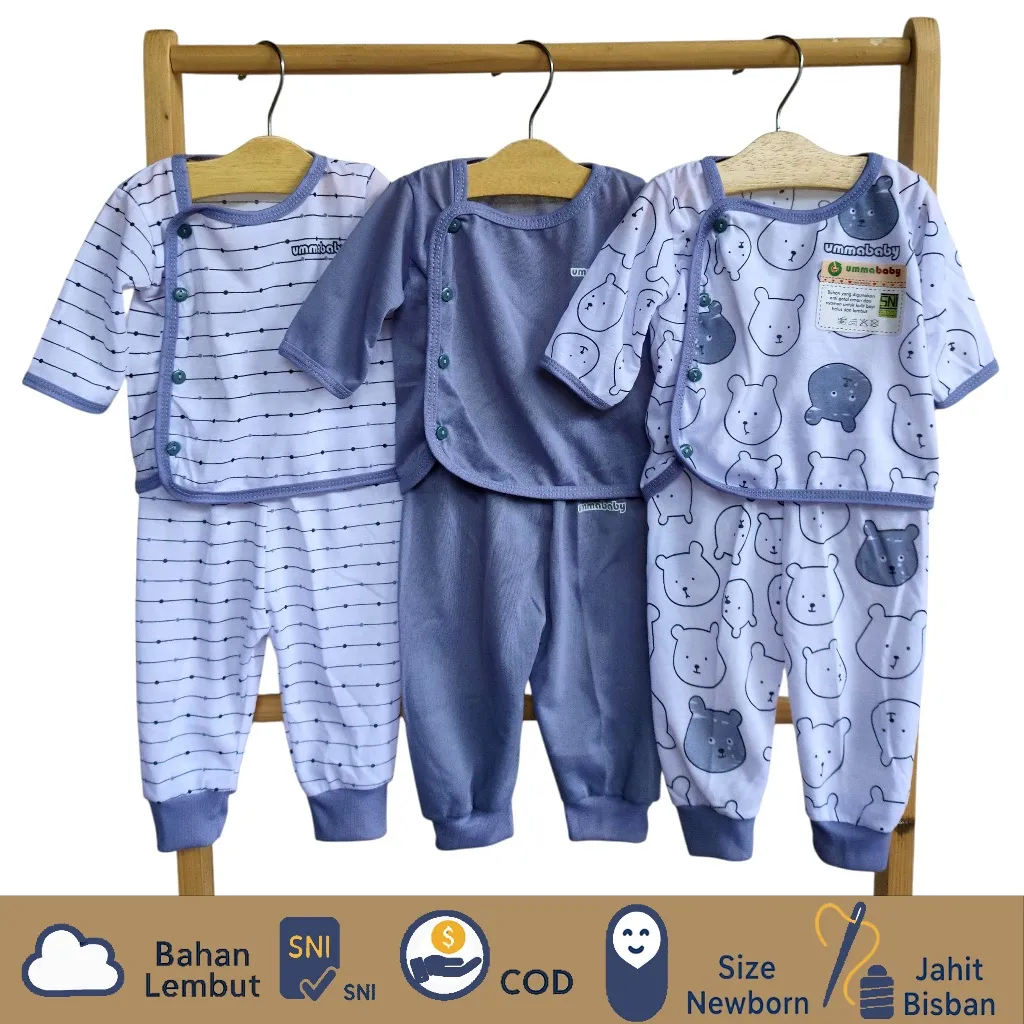 3 Set/6 Pcs Baju Bayi Newborn Set Lengan Panjang Kancing Pinggir Samping Perlengkapan Baru Lahir Atasan Kado Murah Lucu Cowok Cewek Beruang Abu