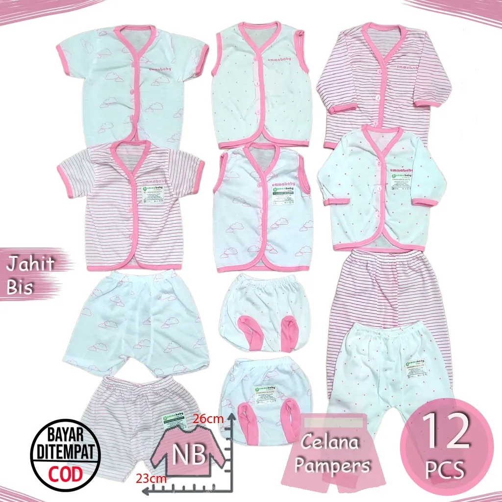 Ummababyshop Paket 12 Pcs Baju Bayi | Awan Seri Pink