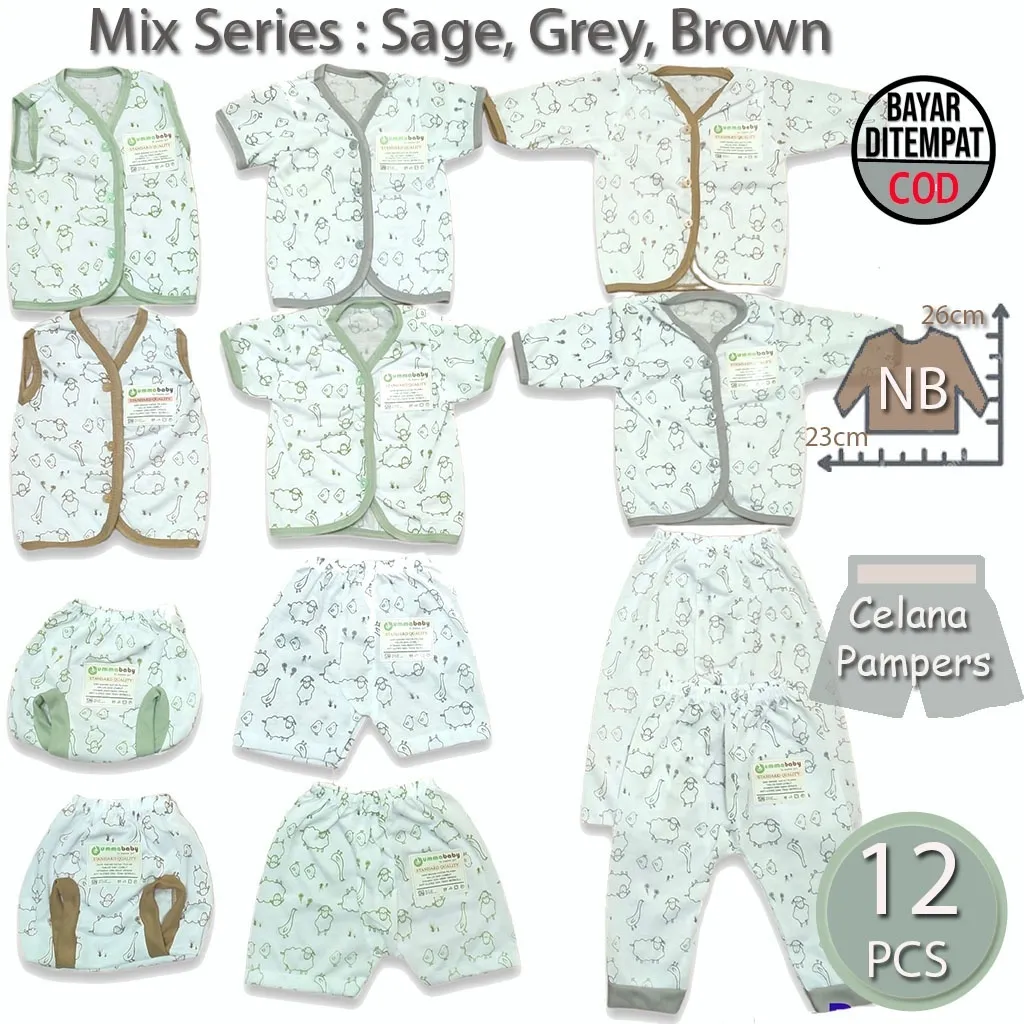 Ummababyshop Paket 12 Pcs Baju Bayi | Motif Domba Mix Color (Sage, Grey, Brown)