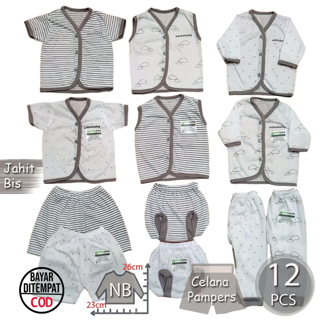 Ummababyshop Paket 12 Pcs Baju Bayi | Awan Abu Grey Monochrome
