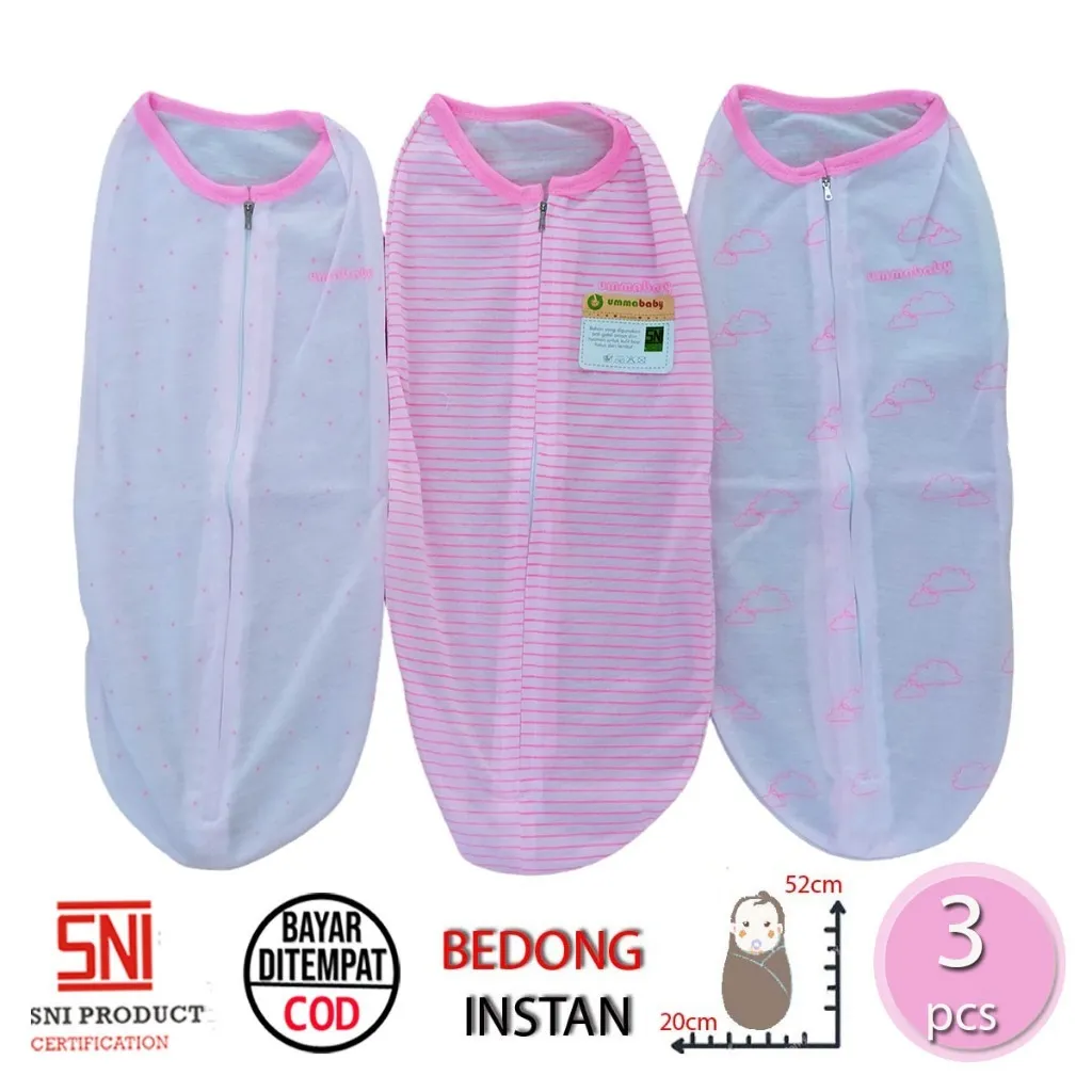 Ummababyshop Bedong Instan Bayi 3in1 | Pink Swaddle Newborn SNI awan pink