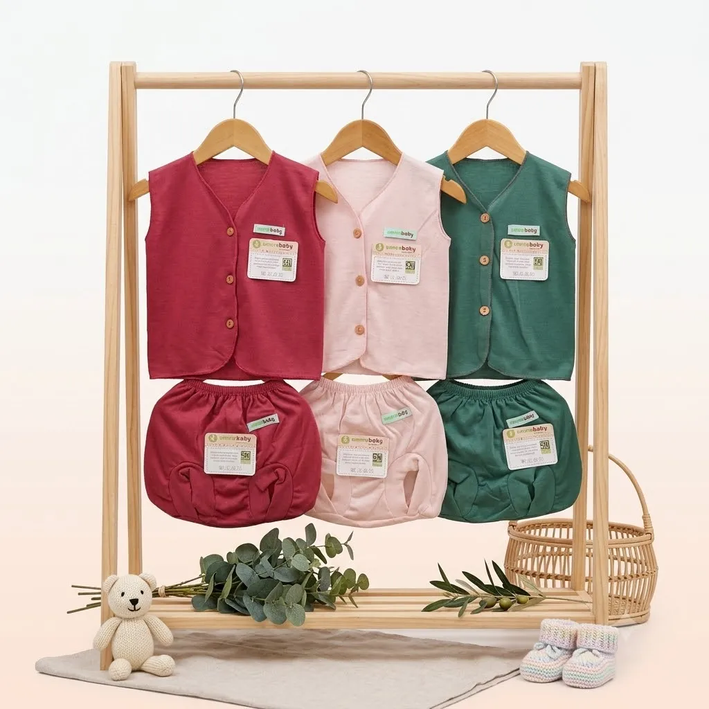 6 Pcs / 3 Set Baju Bayi Buntung Celana Bayi Setelan Newborn Baru Lahir Atasan Kado Murah Lucu Pink Hijau Dusty