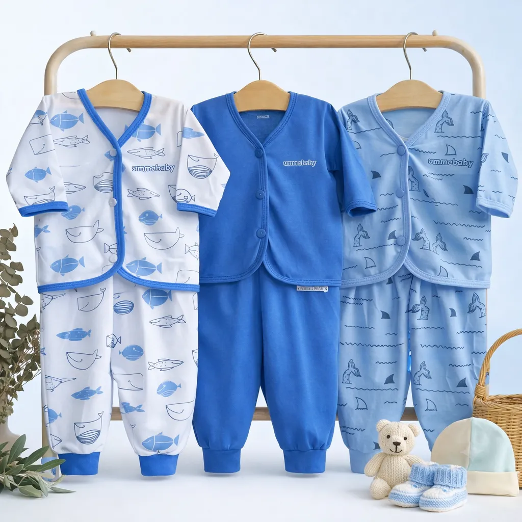6 Pcs / 3 Set Baju Bayi Panjang Celana Bayi Setelan Newborn Baru Lahir Atasan Kado Murah Lucu origami ikan
