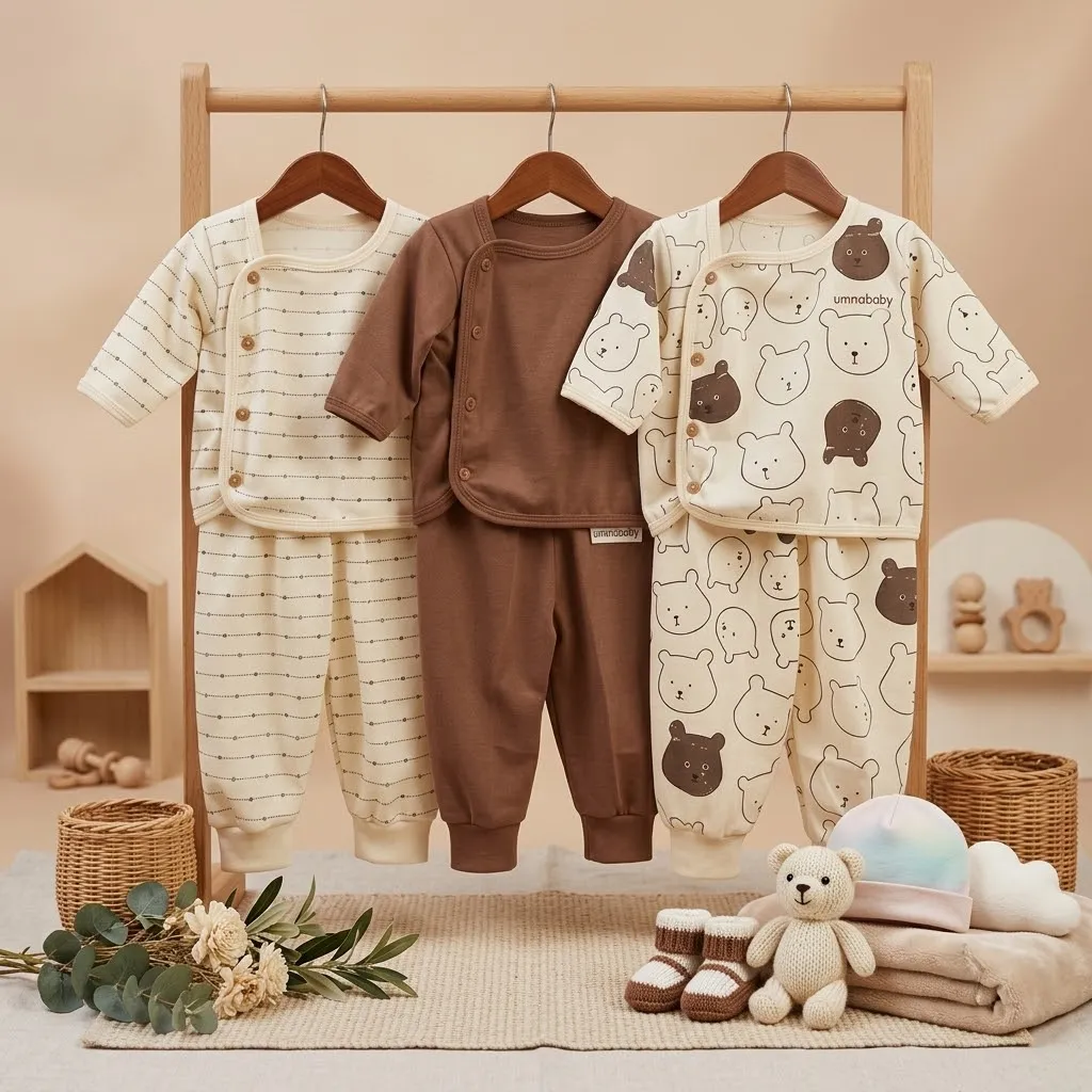 3 Set/6 Pcs Baju Bayi Newborn Set Lengan Panjang Kancing Pinggir Samping Perlengkapan Baru Lahir Beruang Coklat