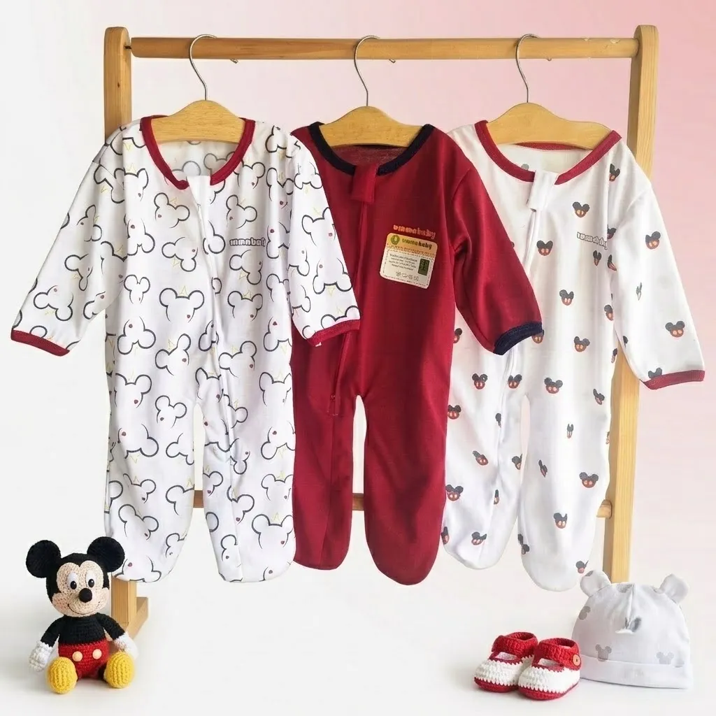 ummababyshop 3 pcs Sleepsuit Bayi Baru Lahir Tutup Kaki Mickey red