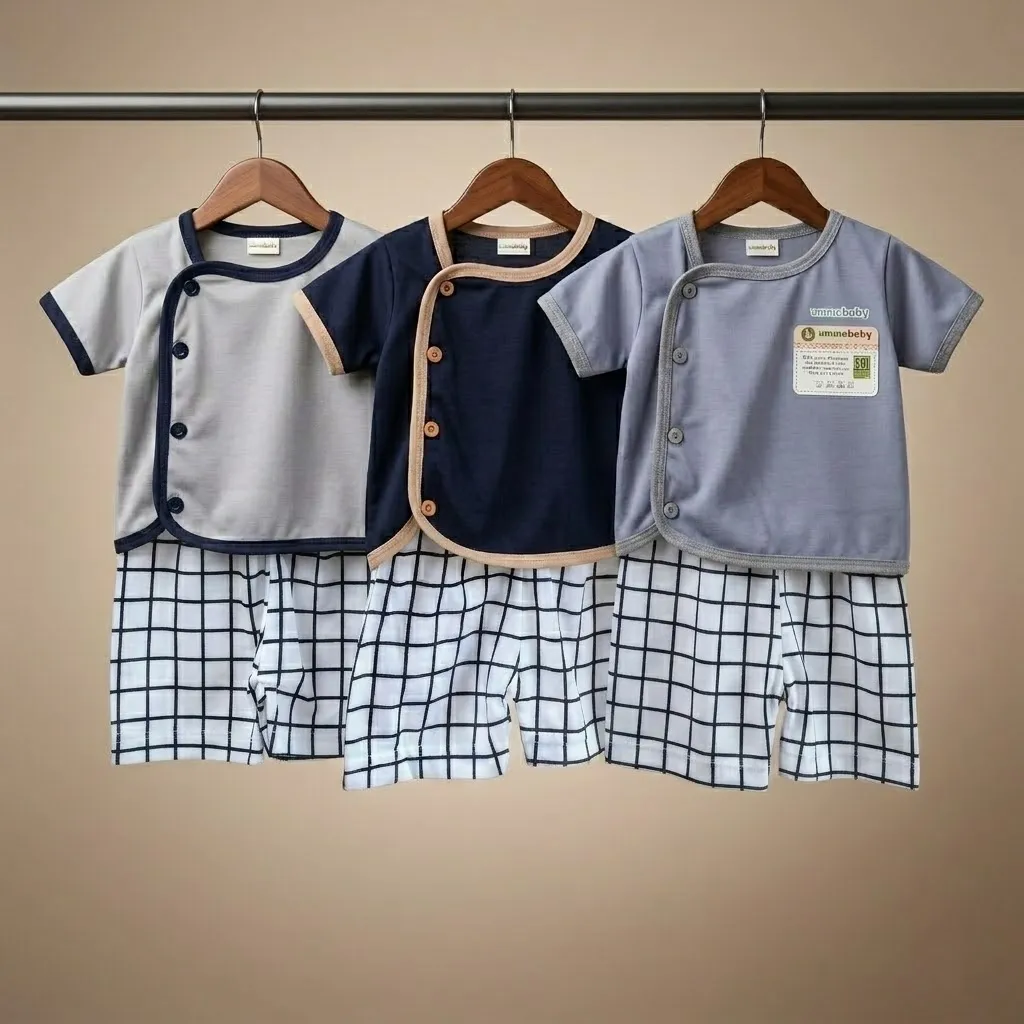 3 Set/6 Pcs Baju Bayi Newborn Set Lengan Pendek Kancing Pinggir Samping Perlengkapan Baru Lahir Atasan Navy