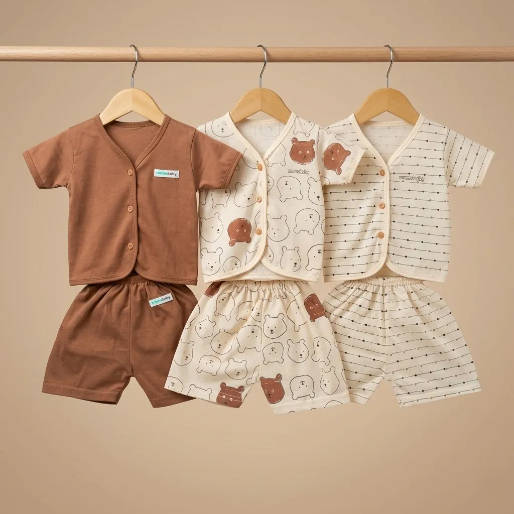 Ummababyshop Paket Hemat 6 PCS | Setelan Baju Bayi Newborn Lengan Panjang Beruang Coklat