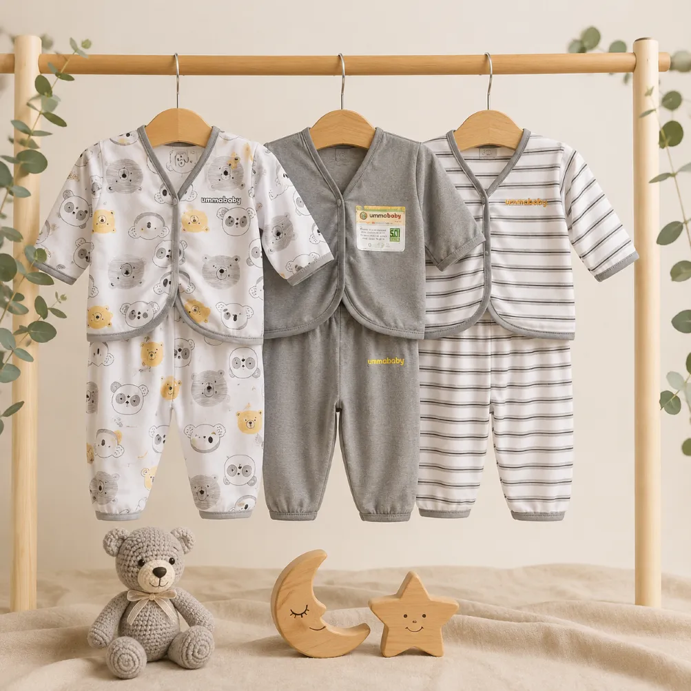 6 Pcs / 3 Set Baju Bayi Panjang Celana Bayi Setelan Newborn Baru Lahir Atasan Kado Murah Lucu motif beruang raster abu