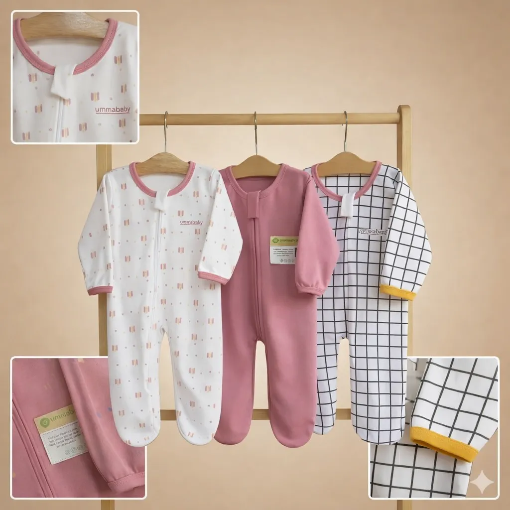 ummababyshop 3 pcs Sleepsuit Bayi Baru Lahir Tutup Kaki Romper Bayi Kotak Pink