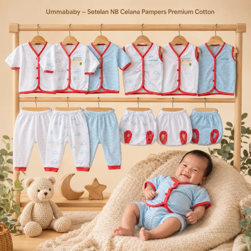 6 Pcs / 3 Set Baju Bayi Panjang Celana Bayi Setelan Newborn Baru Lahir Atasan Kado Murah Lucu Awan Biru