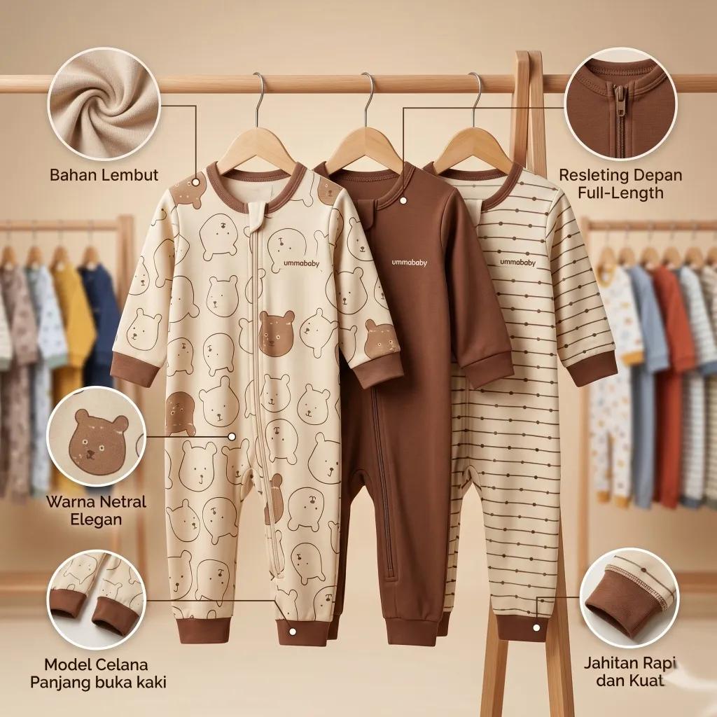 ummababyshop 3 pcs Sleepsuit Bayi Baru Lahir Buka Kaki motif beruang