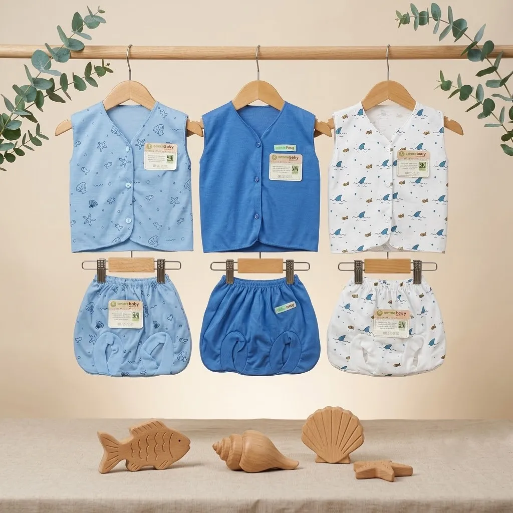 6 Pcs / 3 Set Baju Bayi Buntung Celana Bayi Setelan Newborn Baru Lahir Atasan Kado Murah Lucu Kerang ocean