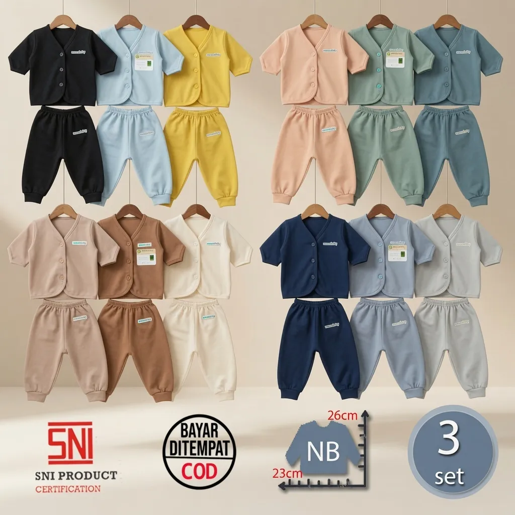 6 Pcs / 3 Set Baju Bayi Panjang Celana Bayi Setelan Newborn Baru Lahir Atasan Kado Murah Lucu Polos Warna