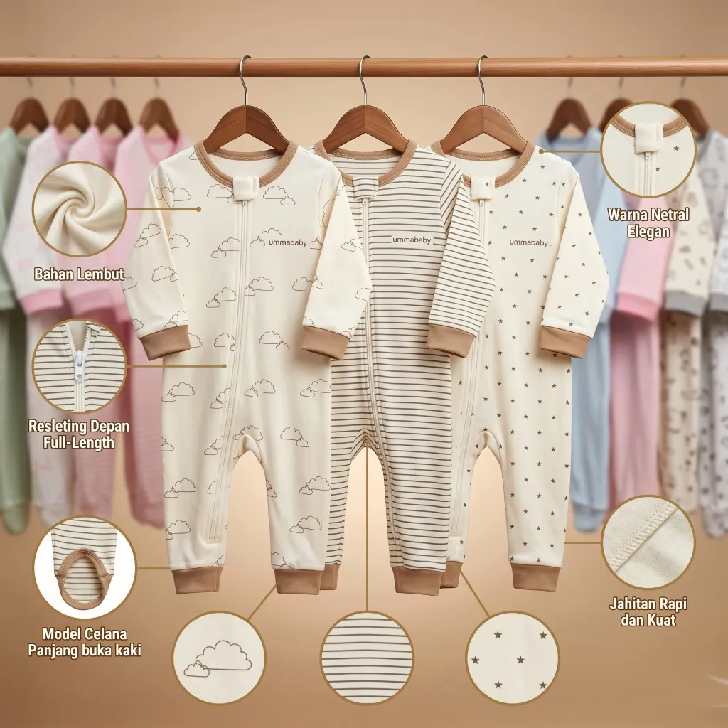 ummababyshop 3 pcs Sleepsuit Bayi Baru Lahir Buka Kaki Romper Bayi Jumper Bayi Panjang Baju Bayi Motif Awan