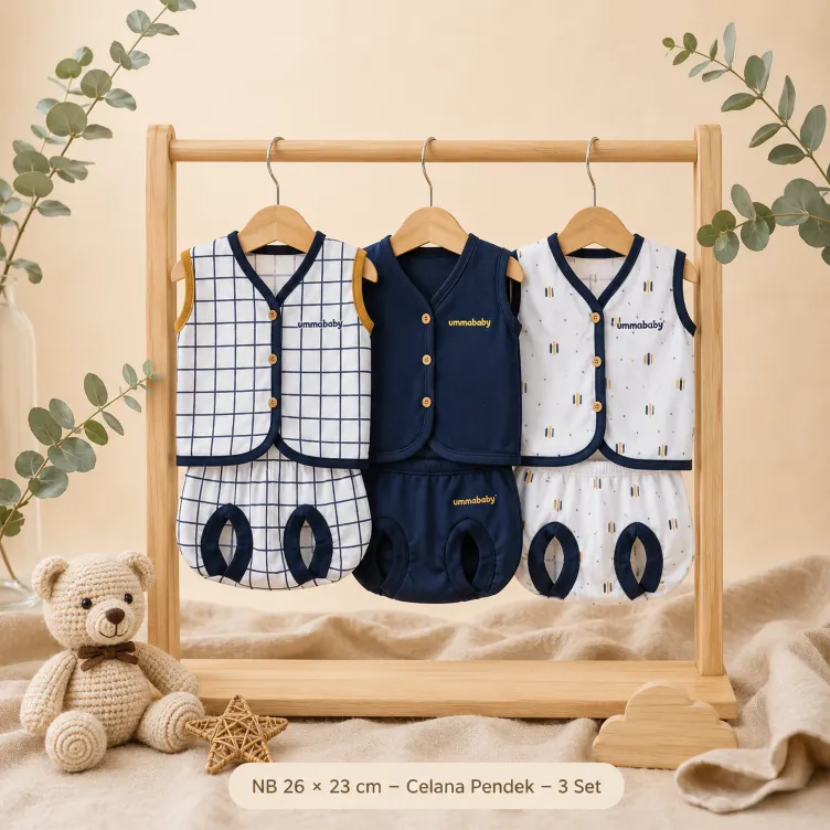 6 Pcs / 3 Set Baju Bayi Panjang Celana Bayi Setelan Newborn Baru Lahir Atasan Kado Murah Lucu Kotak Navy