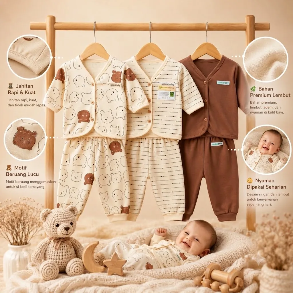 6 Pcs / 3 Set Baju Bayi Celana Bayi Setelan Newborn Perlengkapan Baru Lahir Atasan Kado Lucu Murah Stelan Panjang Cowok Cewek Beruang Coklat