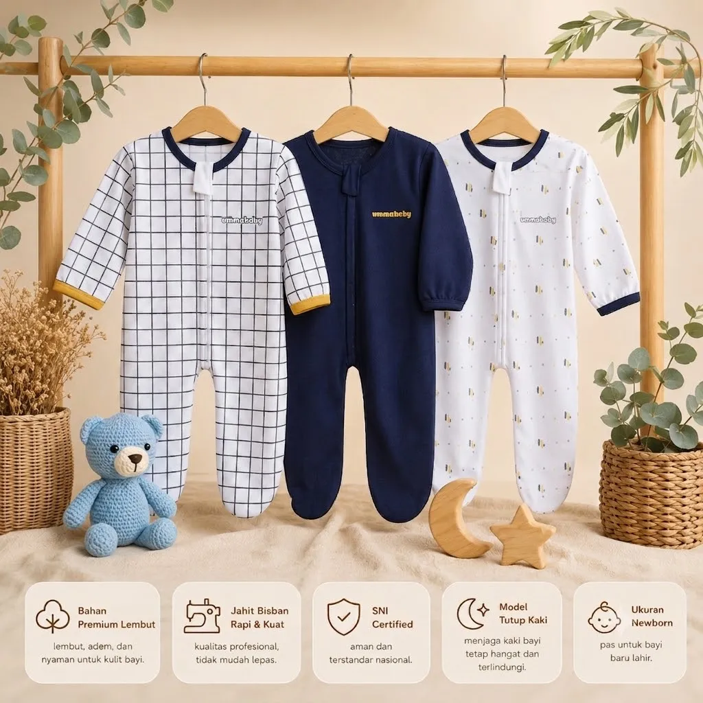 ummababyshop 3 pcs Sleepsuit Bayi Baru Lahir Tutup Kaki Romper Bayi Jumper Bayi Panjang Baju Bayi Kotak Navy