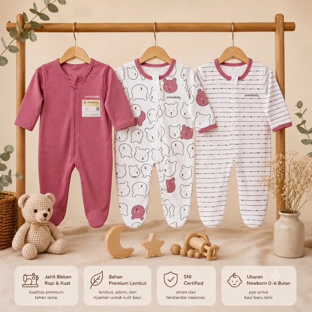 ummababyshop 3 pcs Sleepsuit Bayi Baru Lahir Tutup Kaki Beruang Pink