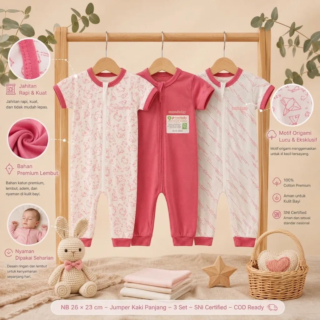 ummababyshop 3 pcs Sleepsuit Bayi Baru Lahir Buka Kaki Panajng Pendek Motif Origami Pink