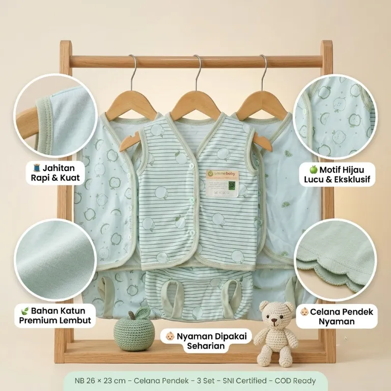6 Pcs / 3 Set Baju Bayi Buntung Celana Bayi Setelan Newborn Baru Lahir Atasan Kado Murah Lucu apel sage