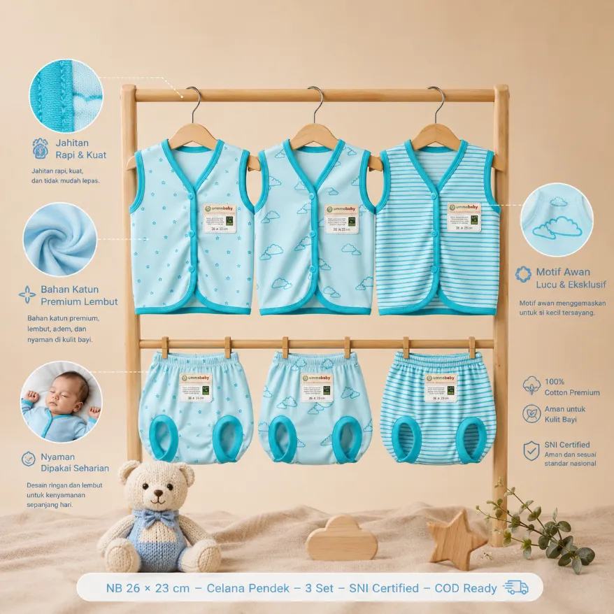 6 Pcs / 3 Set Baju Bayi Buntung Celana Bayi Setelan Newborn Baru Lahir Atasan Kado Murah Lucu Awan Aqua