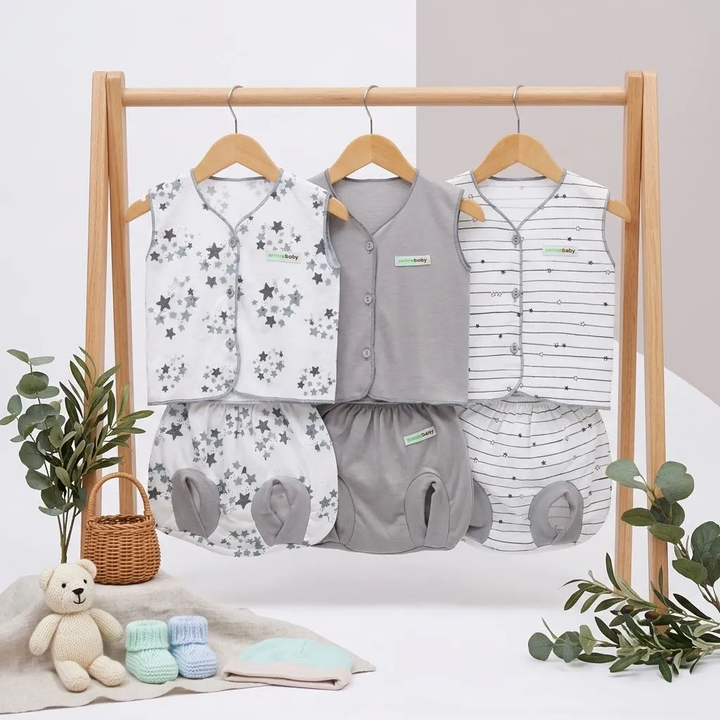 6 Pcs / 3 Set Baju Bayi Buntung Celana Bayi Setelan Newborn Baru Lahir Atasan Kado Murah Lucu Abu Bintang