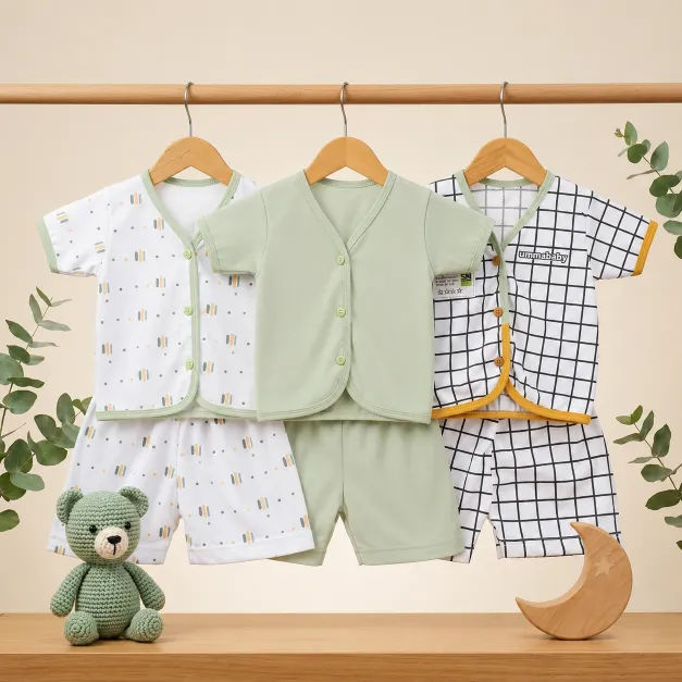 6 Pcs / 3 Set Baju Bayi Pendek Celana Bayi Setelan Newborn Baru Lahir Atasan Kado Murah Lucu Kotak Sage