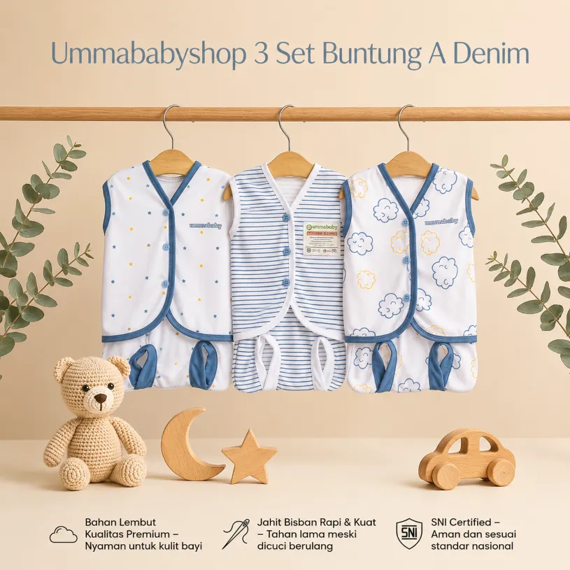 6 Pcs / 3 Set Baju Bayi Buntung Celana Bayi Setelan Newborn Baru Lahir Atasan Kado Murah Lucu awan denim