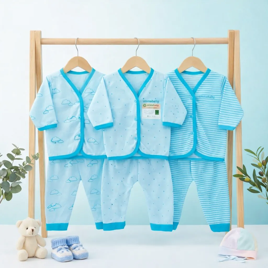 6 Pcs / 3 Set Baju Bayi Panjang Celana Bayi Setelan Newborn Baru Lahir Atasan Kado Murah Lucu Awan Aqua