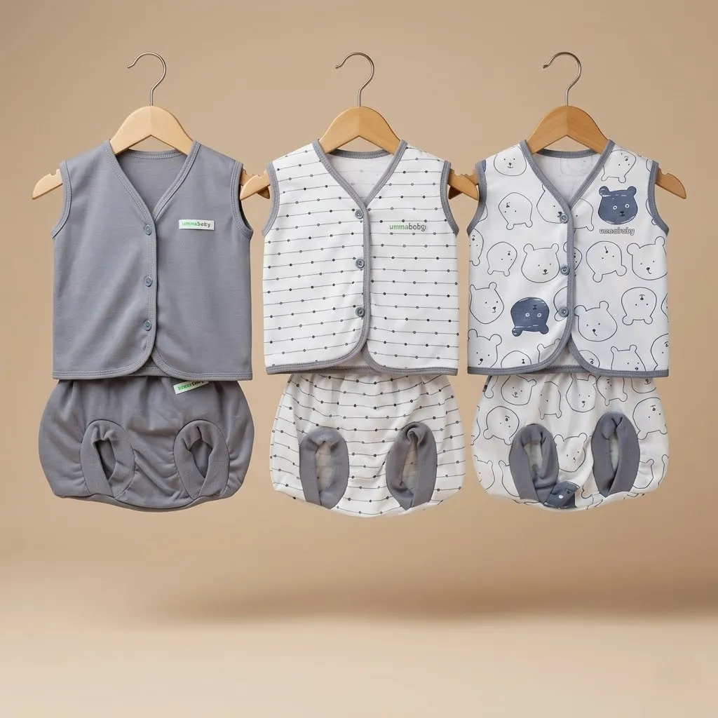 6 Pcs / 3 Set Baju Bayi Buntung Celana Bayi Setelan Newborn Baru Lahir Atasan Kado Murah Lucu Beruang Abu
