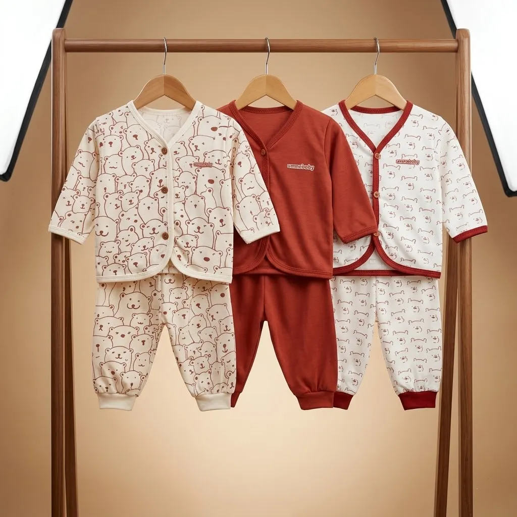 6 Pcs / 3 Set Baju Bayi Panjang Celana Bayi Setelan Newborn Baru Lahir Atasan Kado Murah Lucu Beruang Merah