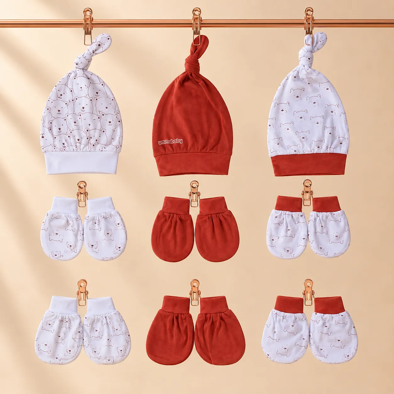 Ummababyshop Paket 9in1 | Topi & Sarung Bayi Seri Beruang Merah