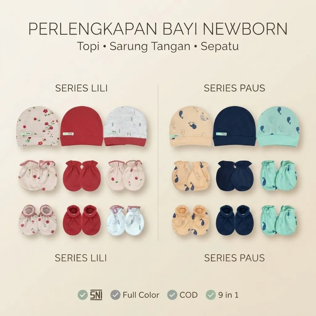 Ummababyshop Paket 9in1 | Topi & Sarung Bayi Seri Navy Tosca
