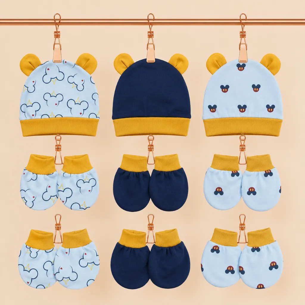 Ummababyshop Paket 9in1 Topi & Sarung Bayi | Seri Mickey Polos
