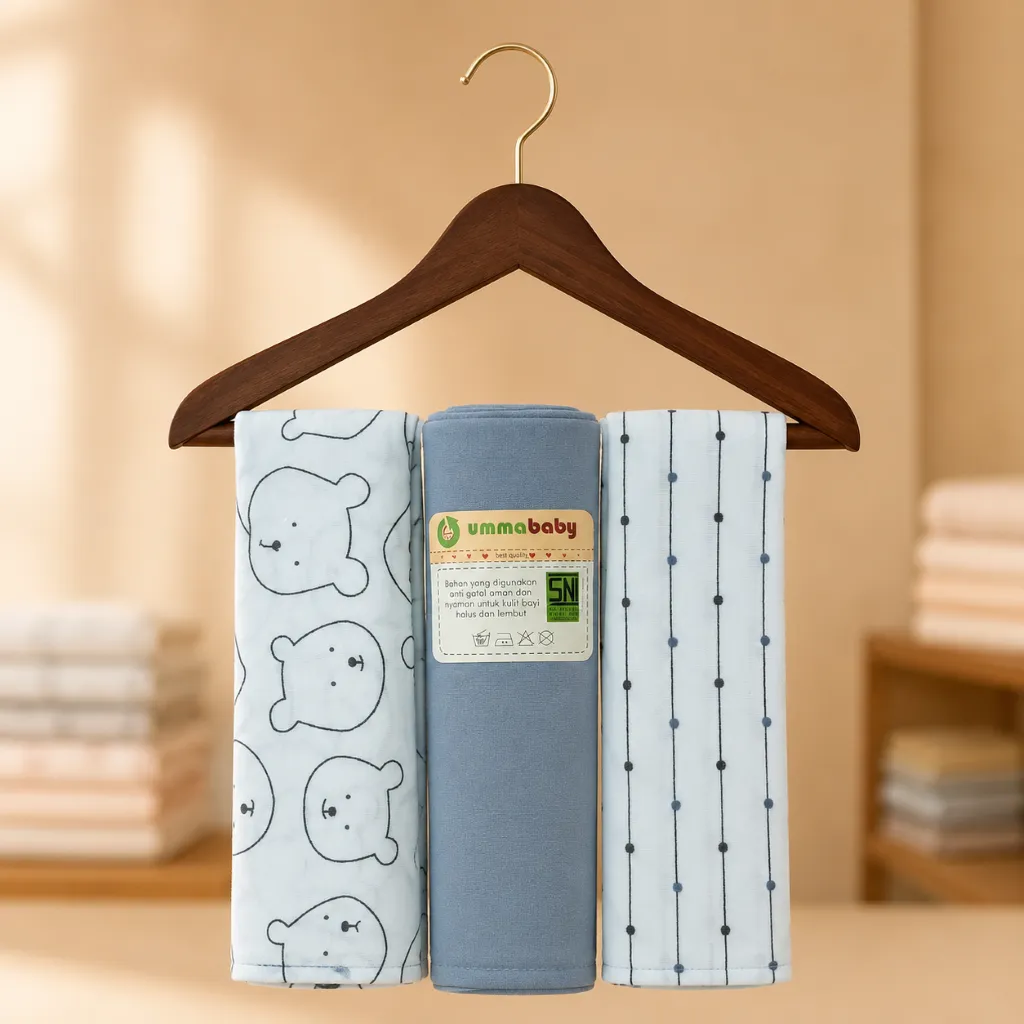 Ummababyshop Bedong Bayi 3 PCS Ukuran Besar 110×90 | Beruang Abu