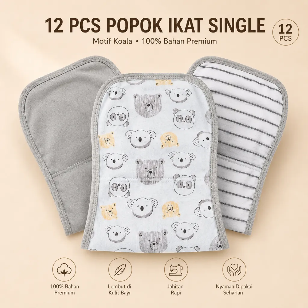 12 pcs Popok Kain Bayi 2 Lapis Katun Polos Pakai Ulang Popok Bayi Cuci Ulang Newborn Baru Lahir Popok Kain Tali Tebal SNI Size Jumbo 1 Lusin Beruang Raster Abu